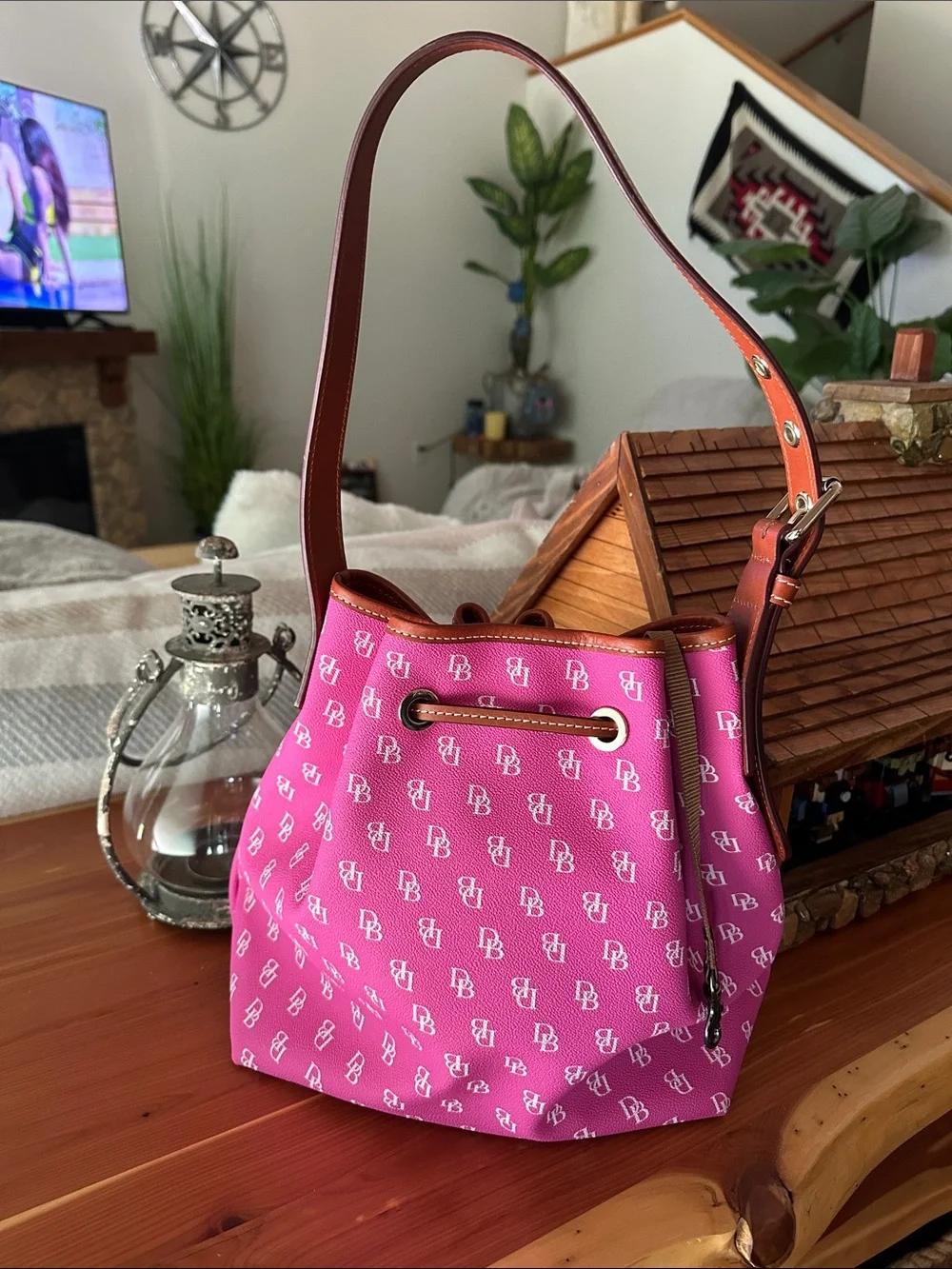 Dooney & Bourke Hot Pink Logo Drawstring Hobo with Tan Trim